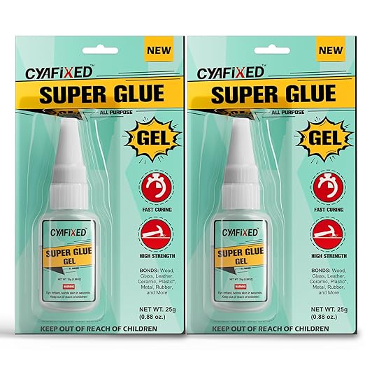 Super Glue Gel 25 Gram (Pack of 2) Clear CA Glue for Wood Furniture Plastic Ceramic Glass Leather, All Purpose Cyanoacrylate Adhesive, Heavy Duty Superglue Repair Metal Model Shoe Stone Pottery Rubber