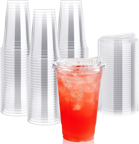 [90 PACK] 20 oz Clear Plastic Cups With Strawless Sip Lids, Disposable Plastic Cups With Sip Through Lids for Ice Coffee, Smoothie, Slurpee, or Any Cold Drinks