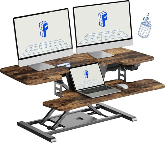 FLEXISPOT 40 inch Electric Motor Desk Converter, Sit to Stand Monitor and Laptop Workstation, Height Adjustable Riser with Wide Keyboard Tray, Rustic Color