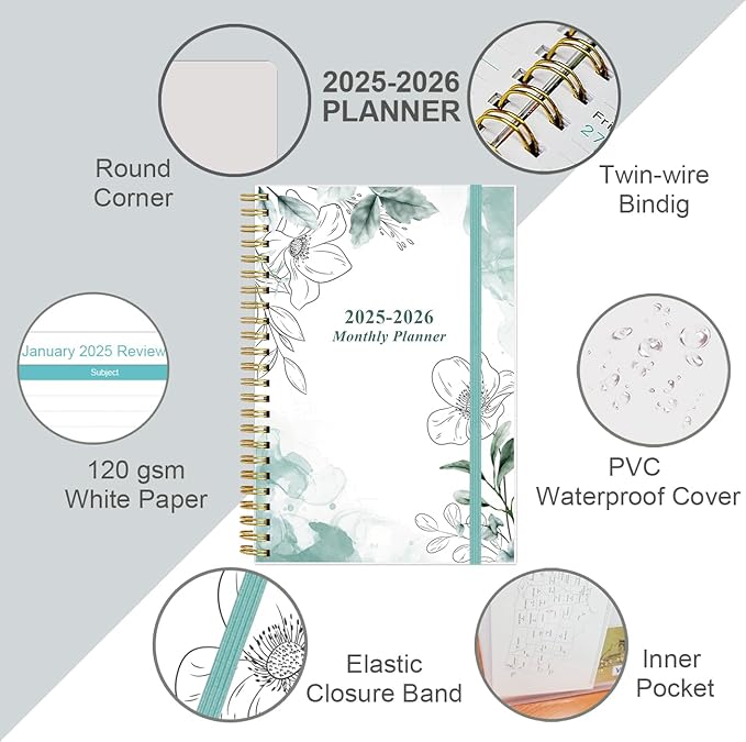 2025-2026 Monthly Planner - October 2025 - December 2026, Two Pages Per Month, 18 Monthly Calendar/Planner with Tabs, Strong Twin-Wire Binding, Inner Pocket, 6.4" x 8.5", Teal Flowers