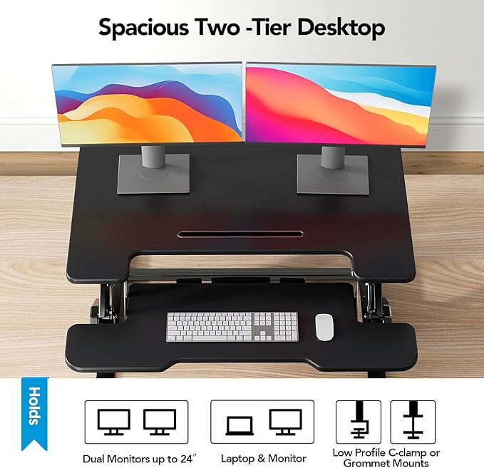 HUANUO 36" Z Shaped Stable Standing Desk Converter, Height Adjustable Sit Stand Up Desk Riser, Dual Monitor and Laptop Workstation with Wide Keyboard Tray, Desk Lifter for Home Office