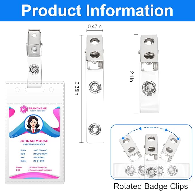 WUWEOT 300 Pack Metal ID Badge Clips, Double Hole Alligator Strap With Clear PVC Straps for Name Tags, Cards and Cage Badge Holders, Office Supplies