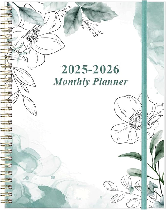 2025-2026 Monthly Planner - 18 Monthly Calendar, October 2025 - December 2026, Two Pages Per Month, 9" x11" Planner with Tabs, Strong Twin-Wire Binding, Inner Pocket, Teal Floral