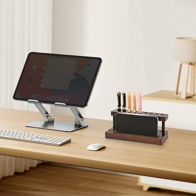 2 Pack Wooden Pen Holder for Desk, Wood Pencil Holder Fountain Pens Display Stand with 9 Slots and Phone Holder, Stylish Office Desk Decor, Pen Organizer for Office, Home