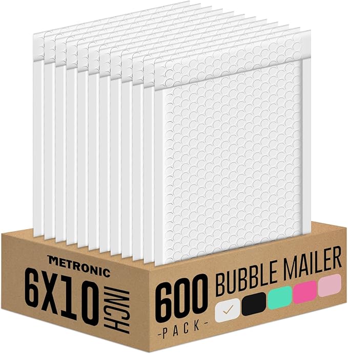 Metronic Bubble Mailers 6x10 Inch 600 Pack White Bubble Mailers Waterproof Padded Envelopes for Packaging, Shipping, Mailing, Small Business Supplies