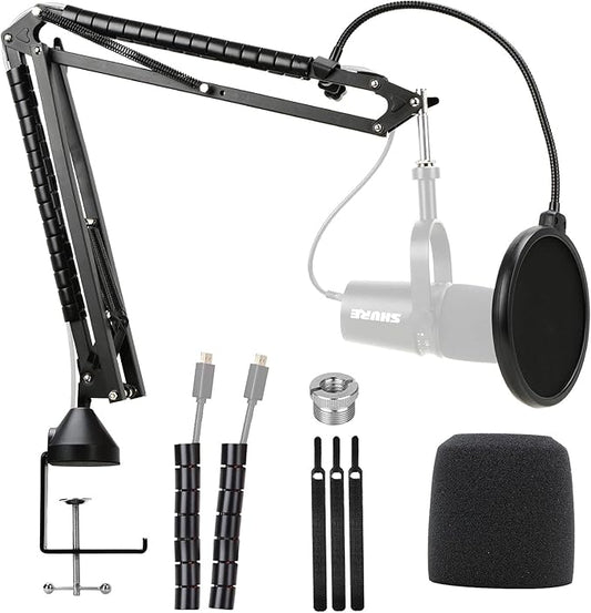 YOUSHARES Enhanced MV7 Mic Stand with Windscreen - Heavy Duty Arm Compatible with Shure MV7 Microphone and MV7X, Boom Arm Stand with Pop Filter