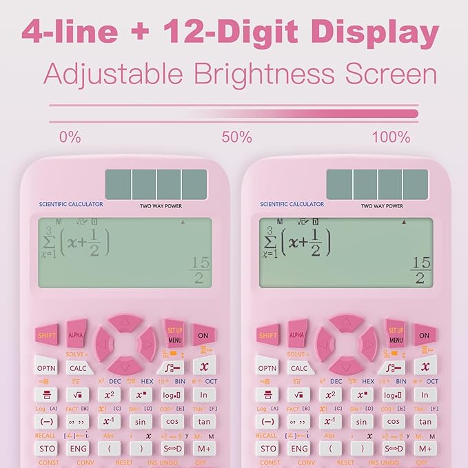 Scientific Calculators,Rudnia Pink Calculators with 4-line Display,10+2 Digits and 552 Function Calculator,School Supplies for Middle High School and College Students (Pink)