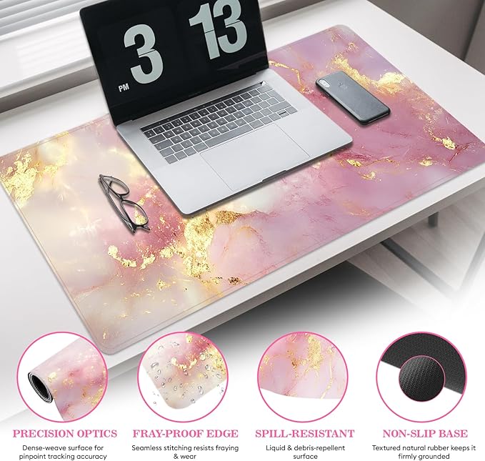 Long Mouse Pad XXL,Ergonomic Desk Mat Gaming Set,Keyboard Wrist Support Rest Mouse Pad Suitable for Office and Home (XXL Pink Marble)
