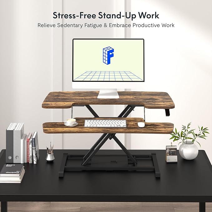 FLXISPOT 36" Standing Desk Converter, Quick Sit Stand up Desktop Riser Height Adjustable Monitor and Laptop Workstation with Keyboard Tray, Rustic Color