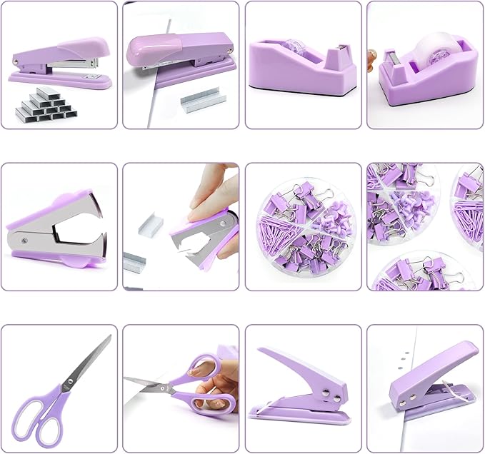 Sportsvoutdoors Purple Desk Accessories, Purple Office Supplies, Stapler and Tape Dispenser Set, Purple Desk Accessory Kit, Gift for Students, Women, Boss Lady, Office Clerks