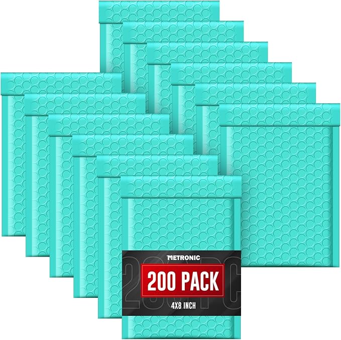 METRONIC Small Bubble Mailers 4x8 200 Pack Teal Bubble Mailer Usable Size 4x7 Self Seal Waterproof Padded Envelopes for Small Business Packaging Sports Cards