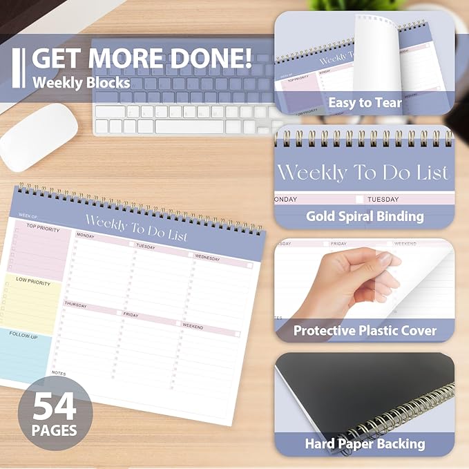 Weekly To Do List Notepad, Undated Planner with 52 Sheets (8.5''x11''), Desk Weekly Planner for Women & Man, Home School & Work (Purple)