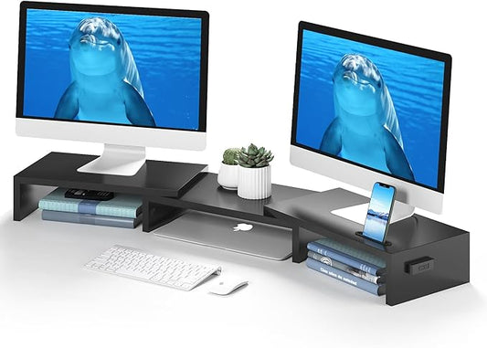 BONTEC Dual Monitor Stand Riser with Smartphone Holder, Adjustable Length & Swivel Angle, Ergonomic Wooden Desktop Organizer for PC Monitor, Laptop, Printer, Large Storage, White