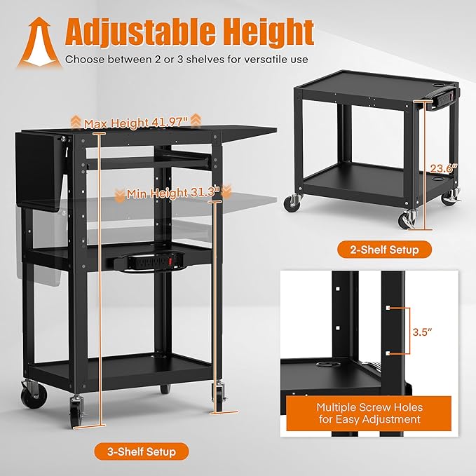 All-Steel Rolling AV Cart with Adjustable Height & Built-in Power – Heavy-Duty Media Workstation with Drop-Leaf Shelves & Wheels for Projectors, Laptops, Printers – Classroom, Office & Studio, Black