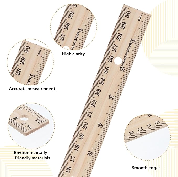 12 Pack Bulk Wooden Rulers 12 Inch Bulk Wood Rulers Wood Measuring Ruler with Centimeters and Inches Straight Edge Ruler with 4 Holes for Office Drafting Supplies 2 Scale