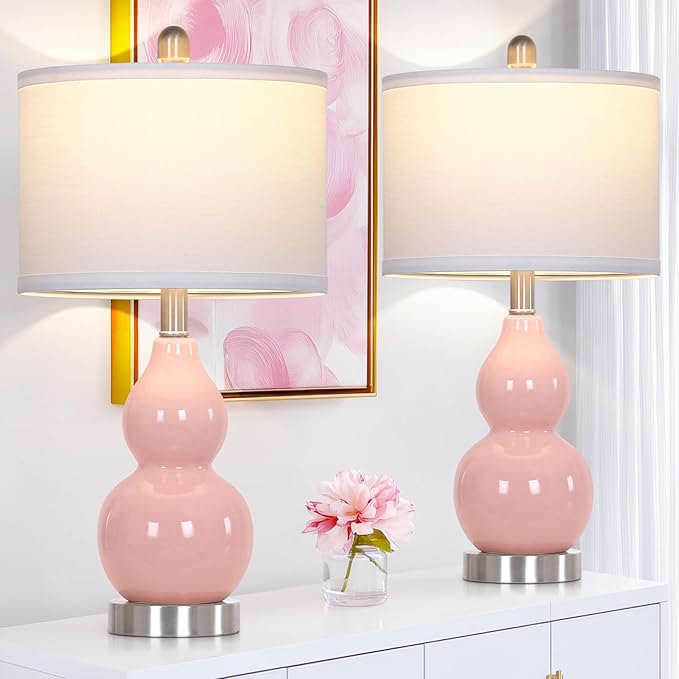 22" Double Gourd Ceramic Table Lamps Set of 2, Pink Modern Bedside Lamps for Living Room, Contemporary Nightstand Desk Lamps for Bedroom End Table Home Office Decor(2 LED Bulbs Included)