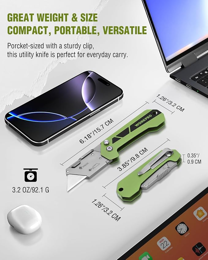 WORKPRO Box Cutter, Utility Knife Quick Change Blade Razor Knife, Folding Pocket Knife with Belt Clip and Axis Lock, 10 Extra Blades Included, Green
