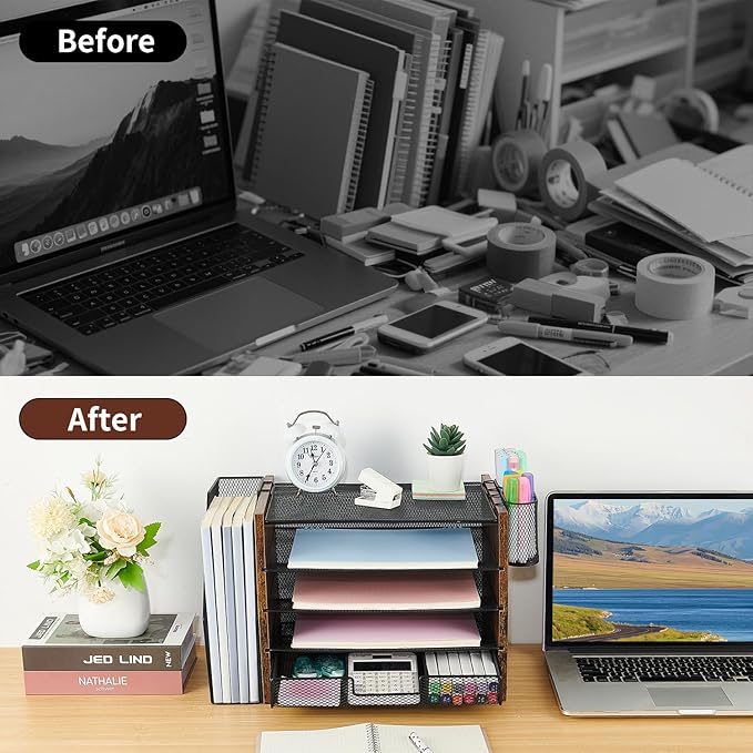 Wood Desk Organizers and Accessories with File Organizer, 5-Tier Paper Organizer with Drawer & Pen Holder, Office Desk Accessories, Workspace Desktop Storage for Office Supplies Organization（Brown）