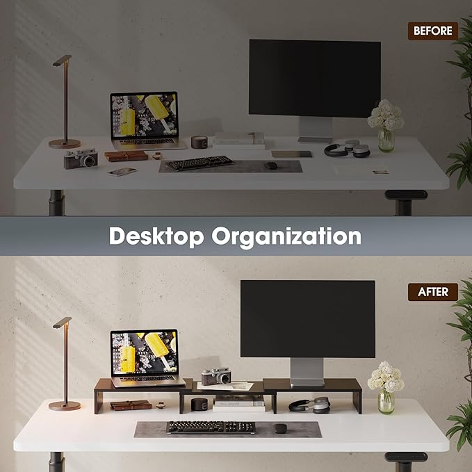 FITUEYES Dual Monitor Stand – 3 Shelf Computer Monitor Riser, Wood Desktop Stand with Adjustable Length and Angle, Desk Accessories, Office Supplies Medium Black,DT108001WB