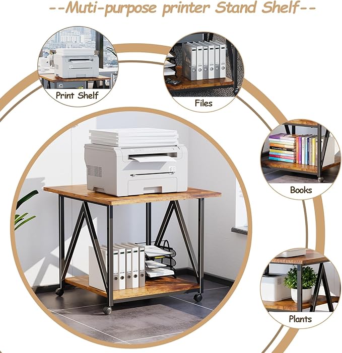 2-Tier Printer Stand, Printer Table with Storage, Industrial Printer Storage Cart with Wheels, Rolling Printer Stand for Heat Press Scanner Fax, Brown