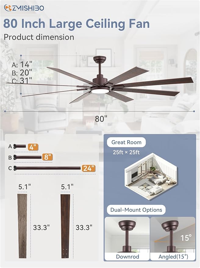 ZMISHIBO 80 Inch Oil Rubbed Bronze Ceiling Fans with Lights and Remote, Indoor/Outdoor Farmhouse Ceiling Fan for Living Room Patio, 6 Speed Reversible Quiet DC Motor, 3CCT, Dual Finish Blades