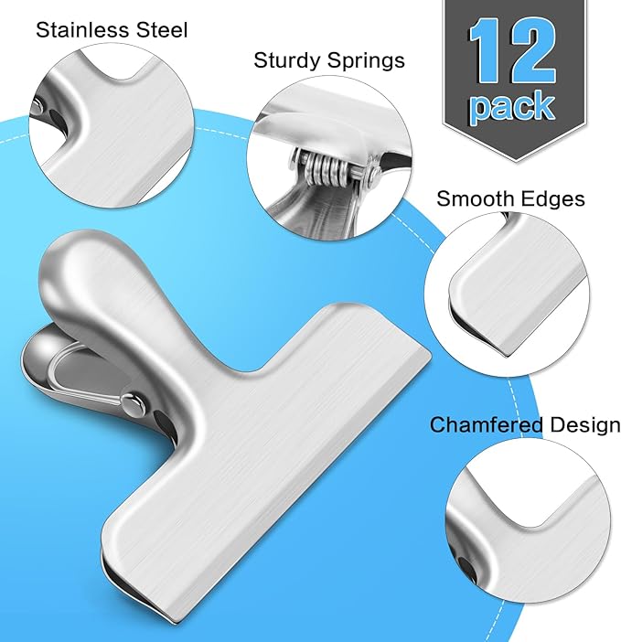 12 Pack Chip Clips, Stainless Steel Bag Clips Food Clip, Heavy Duty Bag Clip for Food Storage, Air Tight Seal Perfect for Kitchen Office Usage (Silver)