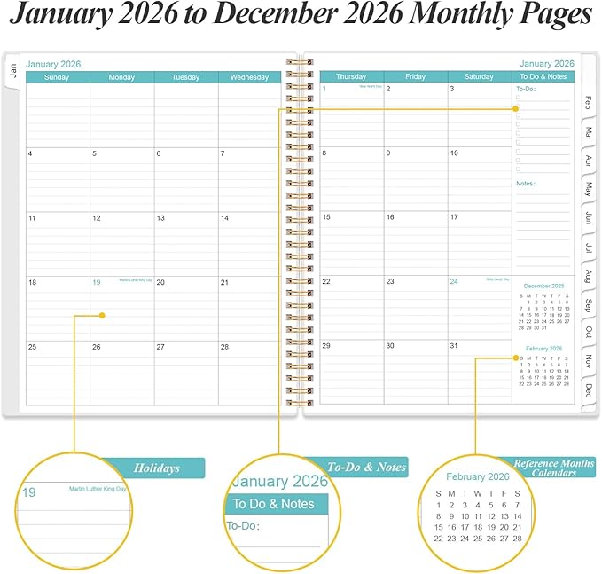 2026 Planner - Planner 2026 from January 2026 to December 2026 with 12 Monthly Tabs, Flexible Cover, Inner Pocket, 8.5" x 11", Teal Flowers