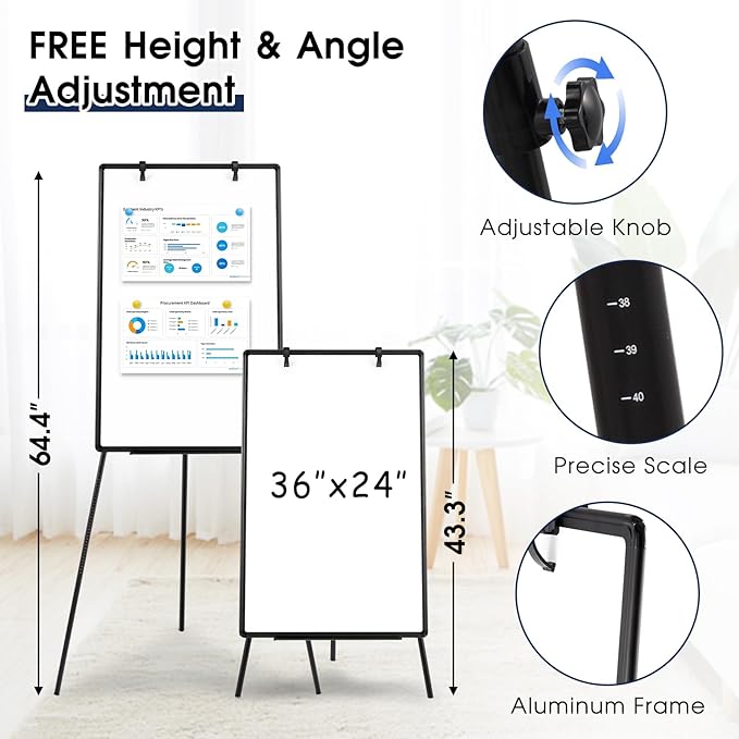 Magnetic Whiteboard Easel, 36"x24" Height Adjustable Dry Erase Board with Stand, Large Aluminium Frame White Board for Teaching, Flipchart Standing Writing Board for Office，Home (Black)