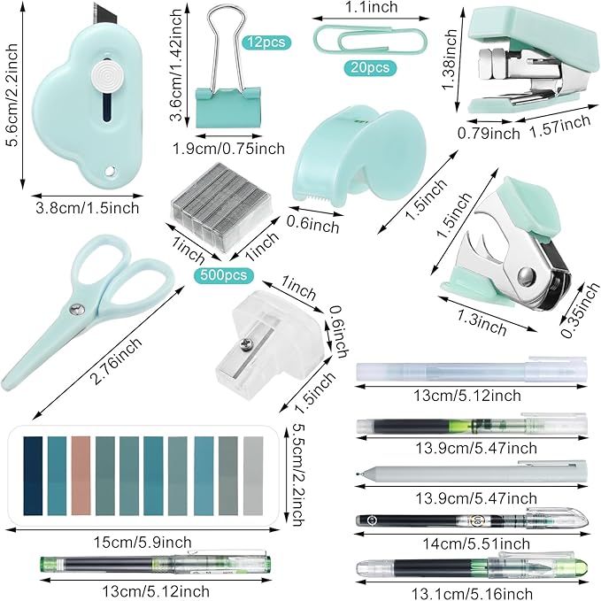 Colarr Mini Office Supply Kit Includes Stapler Tape Dispenser Staple Remover Paper Clips Scissor Staples Pen Sharpener Note Small Telescopic Knife for Office and School Clerk Student (Green)