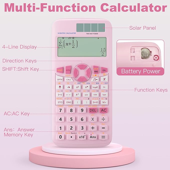 Scientific Calculators,Rudnia Pink Calculators with 4-line Display,10+2 Digits and 552 Function Calculator,School Supplies for Middle High School and College Students (Pink)