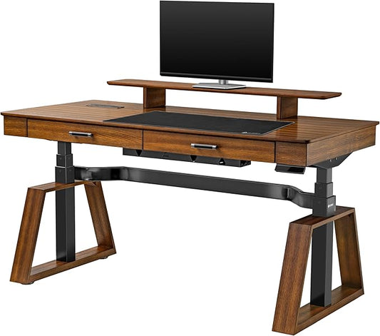 EUREKA ERGONOMIC Standing Desk, 63 inch Executive Desk with Drawers,Modern Trapezoidal Leg Luxury Home Office Computer Desk w Monitor Stand,Red Oak