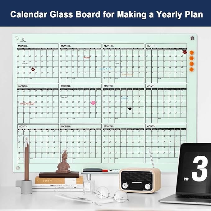 TSJ OFFICE Glass Calendar Whiteboard - 48 x 36 Inches Wall Mounted Dry Erase Yearly Planner for Wall, Large Magnetic Glass White Board for Office, Home & School