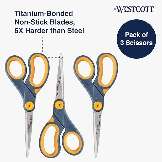 Westcott 8-Inch Titanium-Bonded Non-Stick Straight Scissors with Adjustable Glide Feature for Office and Home - Gray/Yellow, 3 Pack