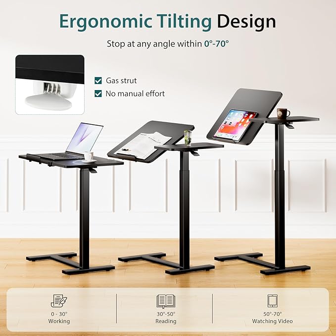 NEWBULIG Rolling Desk Adjustable Height, Small Standing Desks Rolling Table with Wheels, Portable Laptop Mobile Stand with Tiltable Desktop for Teacher Classroom Home Office, Black