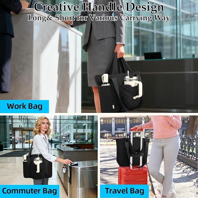 Work Tote Bag for Women with Large Front Cup Holder& 15.6 Inch Laptop Compartment, Lightweight Puffer Laptop Tote Bag with Long& Short Handle for Teacher Nurse Office Supplies Organizer (Black)