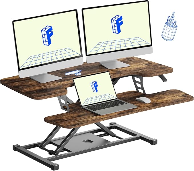 FLXISPOT 36" Standing Desk Converter, Quick Sit Stand up Desktop Riser Height Adjustable Monitor and Laptop Workstation with Keyboard Tray, Rustic Color