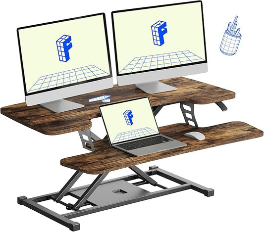 FLXISPOT 36" Standing Desk Converter, Quick Sit Stand up Desktop Riser Height Adjustable Monitor and Laptop Workstation with Keyboard Tray, Rustic Color