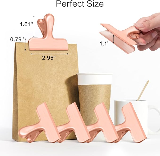 Chip Clips, 12 Pack Bag Clips, Stainless Steel Chip Clip, Metal Clip for Food, Air Tight Seal Great for Kitchen Home Office(Rose Gold)