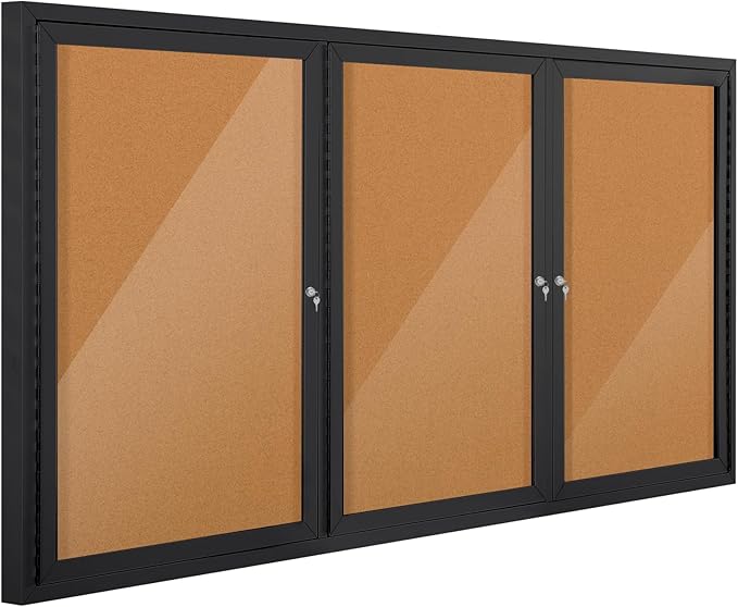 SWANCROWN Outdoor Bulletin Board 70x36in, Enclosed Bulletin Board with Locking Door for Office School Commerce, Cork, Black Aluminum Frame