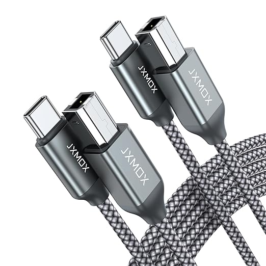 JXMOX USB B to USB C Printer Cable, (6.6ft 2-Pack) Nylon Braided USB B to C Cord, USB C MIDI Cable Compatible with MacBook Pro, HP, Epson, Canon, Brother, Yamaha Piano Keyboard, DAC, DJ Controller