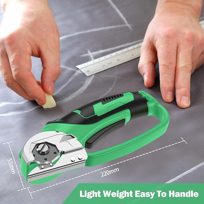 Cordless Electric Scissors, 4V Box Cutter & Cardboard Cutter with 2 Titanium Blades - Rotary Cutter with LED Light for Fabric, Leather, Carpet, Plastic, Crafting + Storage Case (Lime Green)
