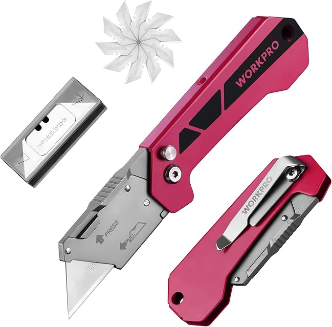 WORKPRO Box Cutter, Utility Knife Quick Change Blade Razor Knife, Folding Pocket Knife with Belt Clip and Axis Lock, 10 Extra Blades Included, Pink