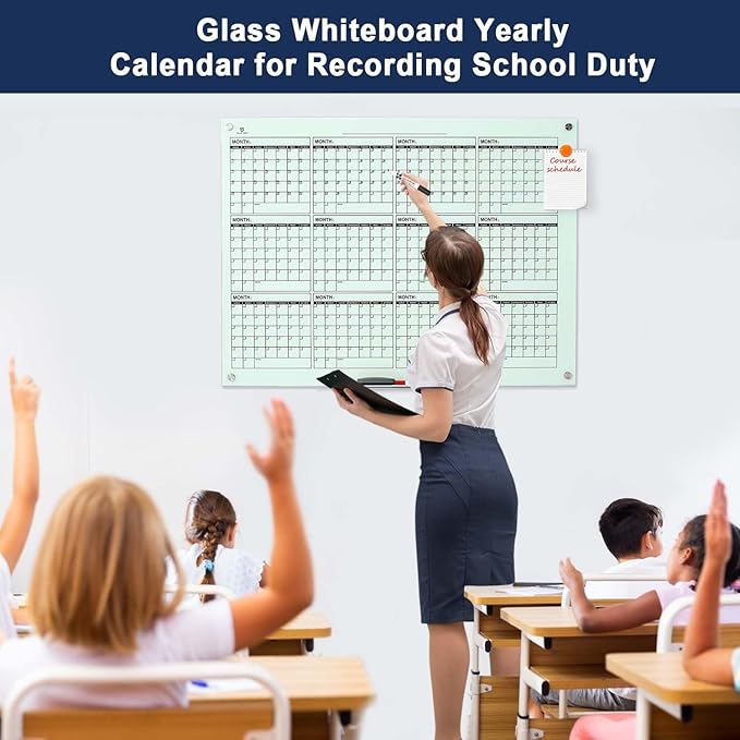 TSJ OFFICE Glass Calendar Whiteboard - 48 x 36 Inches Wall Mounted Dry Erase Yearly Planner for Wall, Large Magnetic Glass White Board for Office, Home & School
