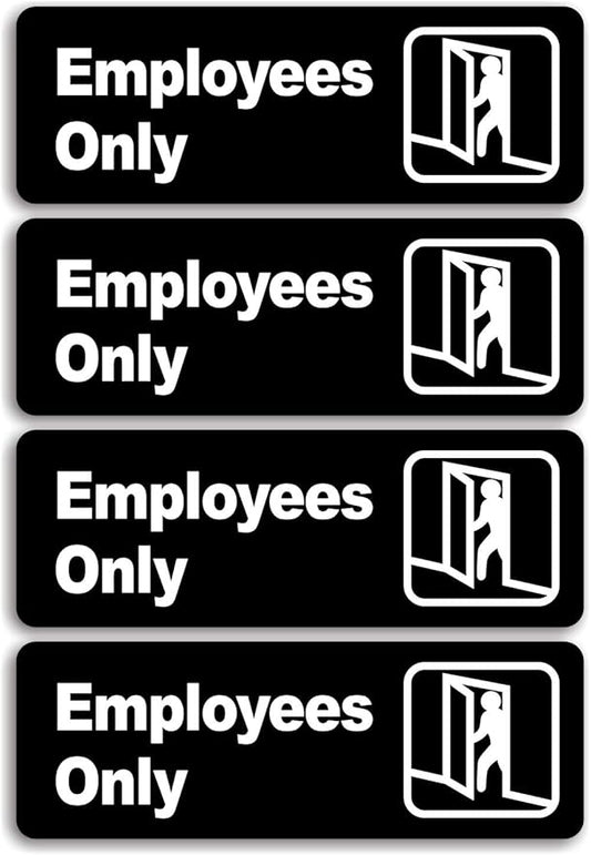 "Employee Only" Informative Acrylic Plastic Sign with Symbols, (4 Pack) 9 X 3 Inch, Self Adhesive, Use for Office/Business, Easy to Apply, White Big Letters on Black Plate