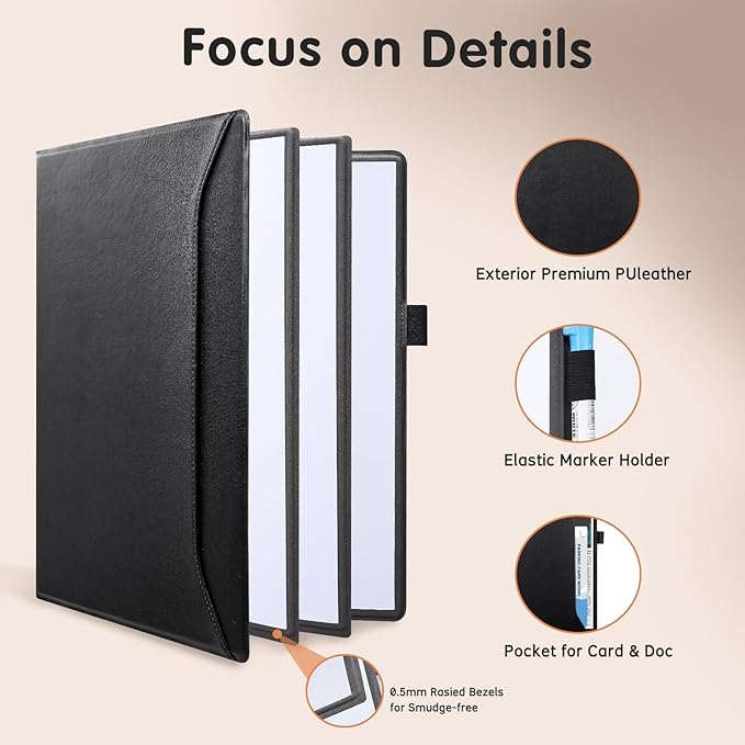 CoBak 6 Sides Portable White Board 12 x 9 inch (A4) - Notebook Design Dry Erase Small Board with Pocket and 3 Markers, Anti-Ghosting & Anti-Smudge Surface for Office, School, Homeschool (Black)