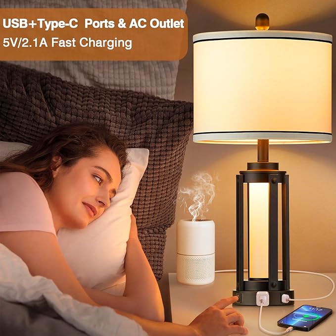 25" Modern Table Lamps Set of 2, Industrial Beside Lamps with USB A+C Charging Ports & AC Outlet, Nightstand Lamp with Glass Night Light for Living Room Bedroom End Table Decor White(4 Bulbs Included)