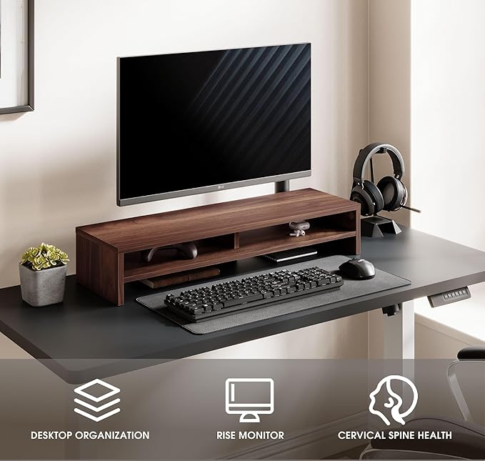 Fenge Monitor Stand, 31.5 Inch Computer Monitor Riser for Desk, 2 Tiers Wood Desk Shelf with Storage, Desktop Organizer for PC, Laptop, Screen, Printer