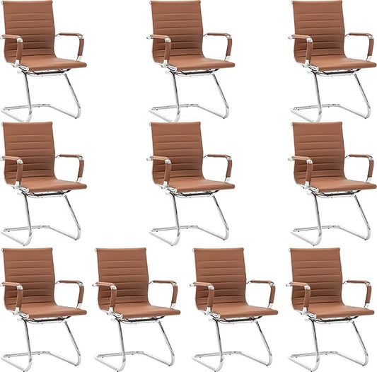 Wahson Office Guest Chairs No Wheels & Reception Chairs, Leather Waiting Room Chair Mid Back Conference Chairs with Sled Base for Meeting/Lobby/Restroom, Coffee (10 Pack)