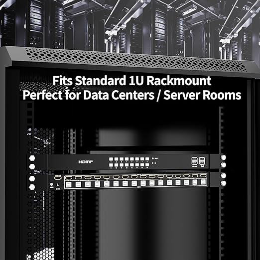 16 Port HDMI KVM Switch 4K@60Hz, 1U Rack Mount, USB Keyboard Mouse Sharing for 16 PCs, Independent 3.5mm Audio Output, Includes 16 HDMI Cables, IR Remote, 4 USB 2.0 Hubs