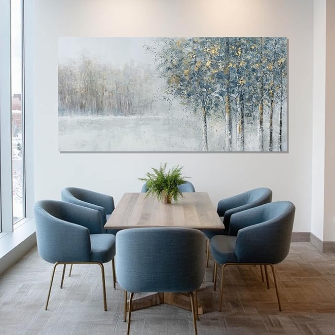 ZENPEE Abstract Forest Canvas Wall Art, 20x40 Inch Blue and Gold Tree Painting, Modern Nature Landscape Artwork for Living Room Bedroom Office Decor, Ready to Hang